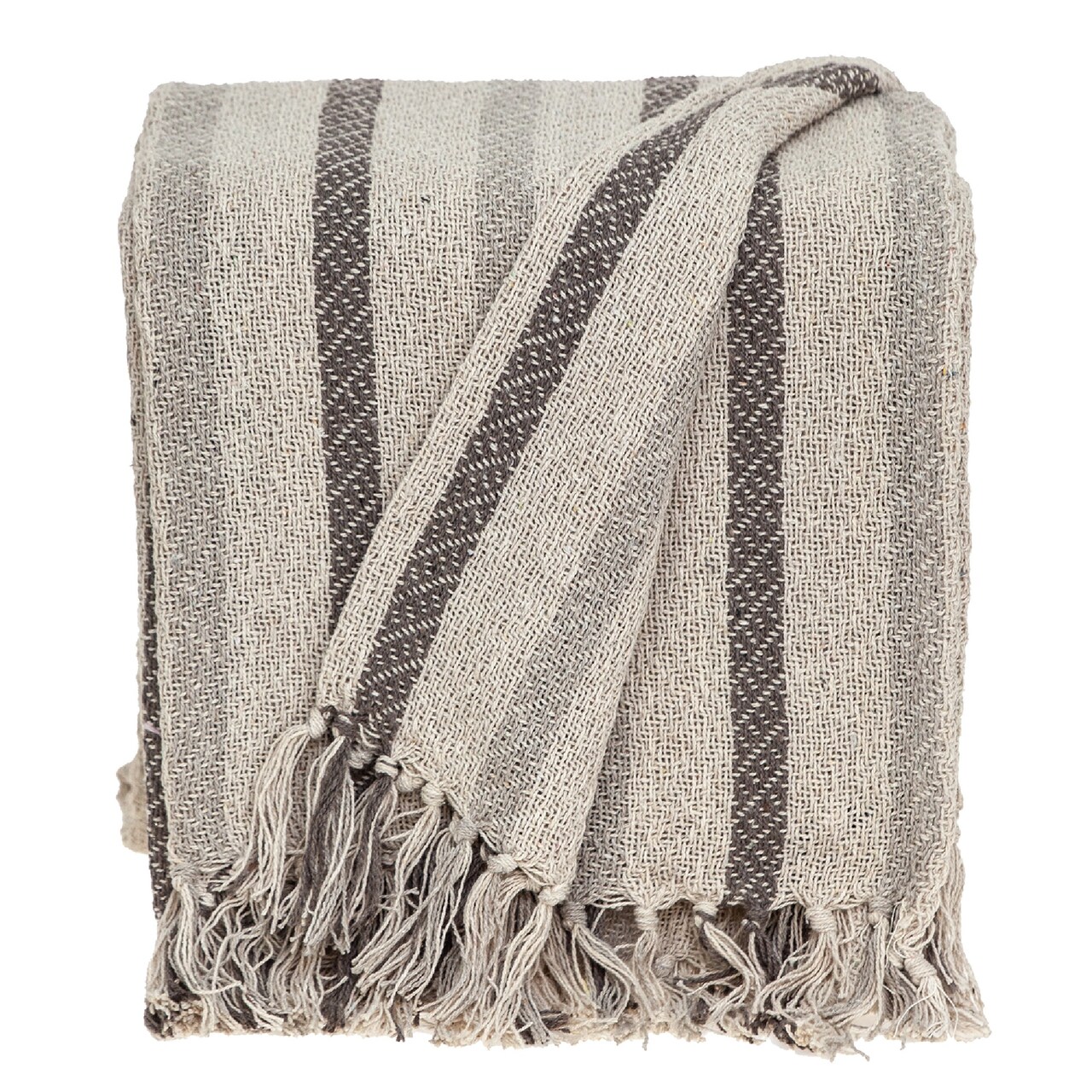 Nassau Collection Beige and White Woven Handloomed Striped Throw Blanket 52" x 67"